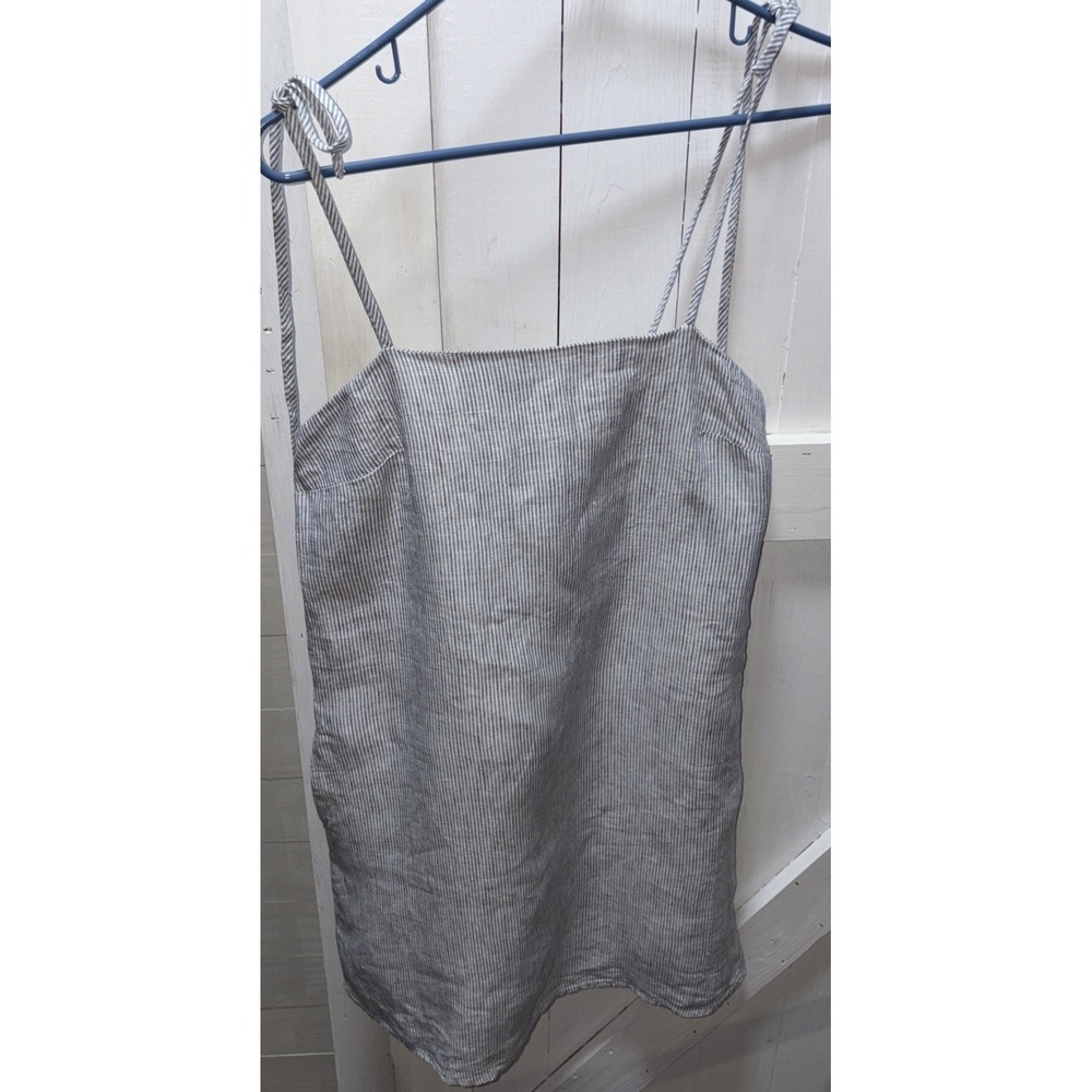 Quince 100% European Linen Spaghetti Strap Mini Dress Blue Pinstripe Womens XS